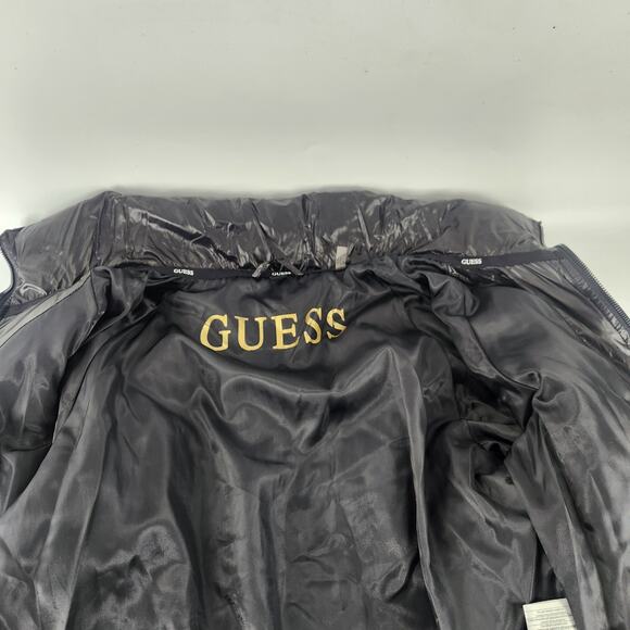 Guess Quilted Puffer Winter Jacket Size Small Shiny Black Full Zip Thumb Holes - Picture 3 of 10